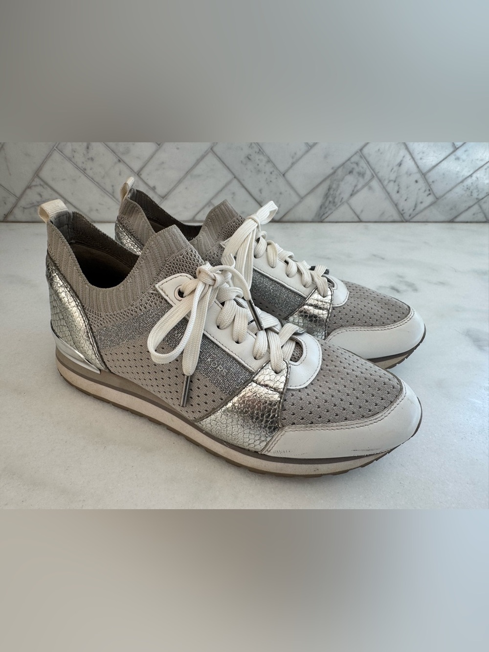 Michael Kors Silver & Gray Knit Lace-Up Sneakers Size 8